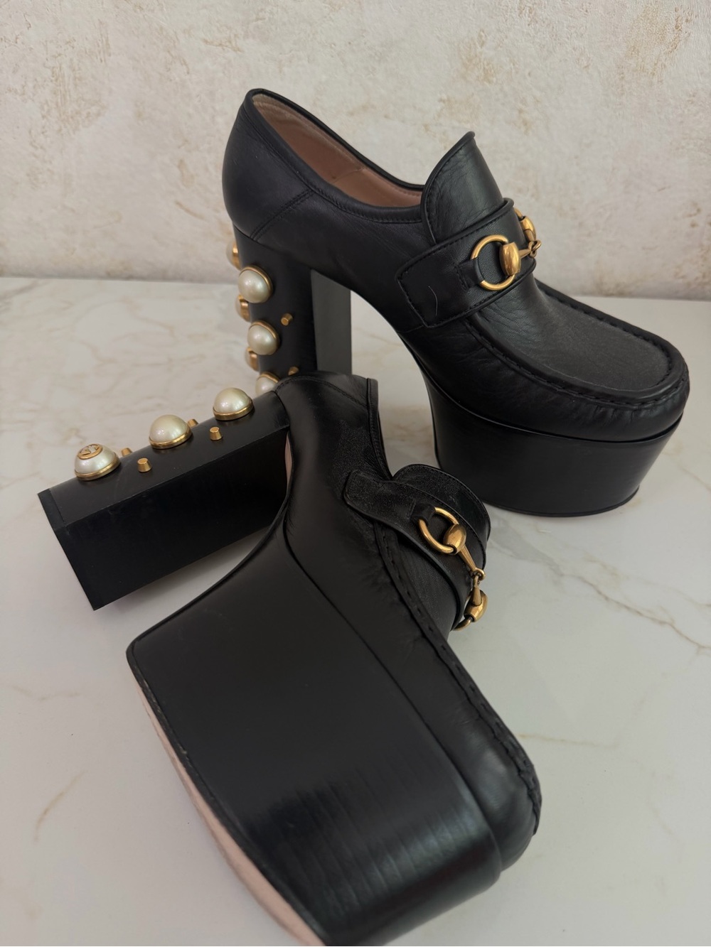 Gucci Black Leather Platform Loafers with Gold Hardware and Pearl Heel Size 38